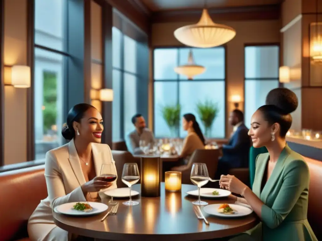 Un ambiente elegante y acogedor en un restaurante exclusivo donde un grupo diverso disfruta de una deliciosa comida sin gluten