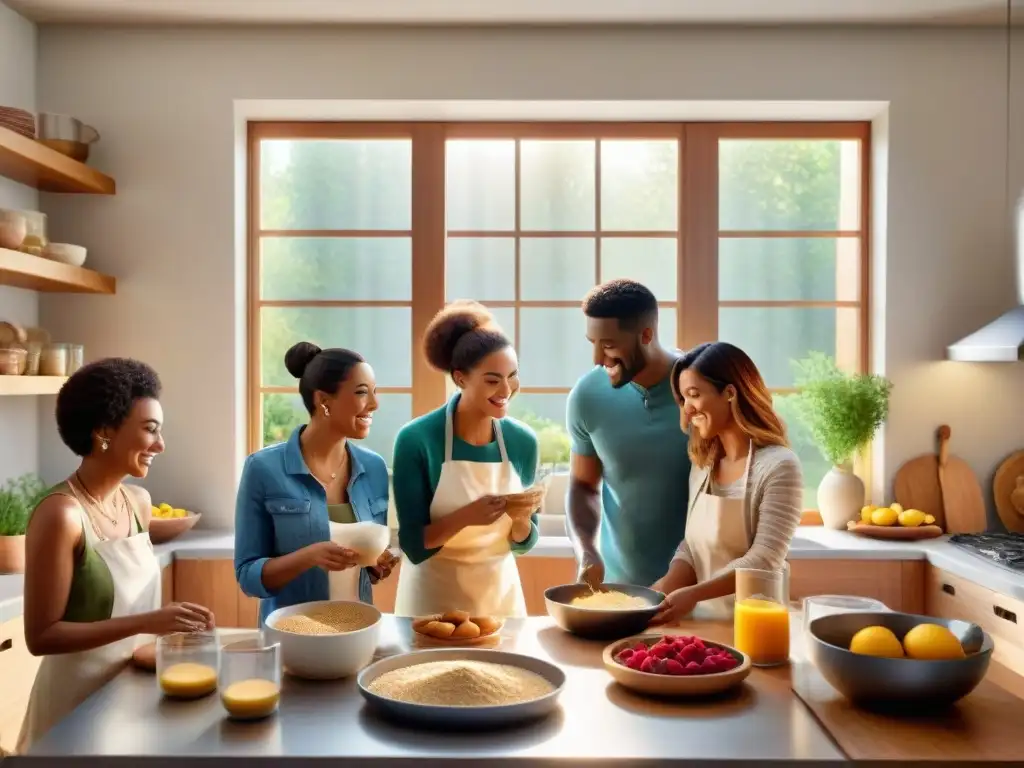 Un ambiente hogareño y acogedor en una cocina donde personas diversas disfrutan horneando juntas postres sin gluten esponjosos