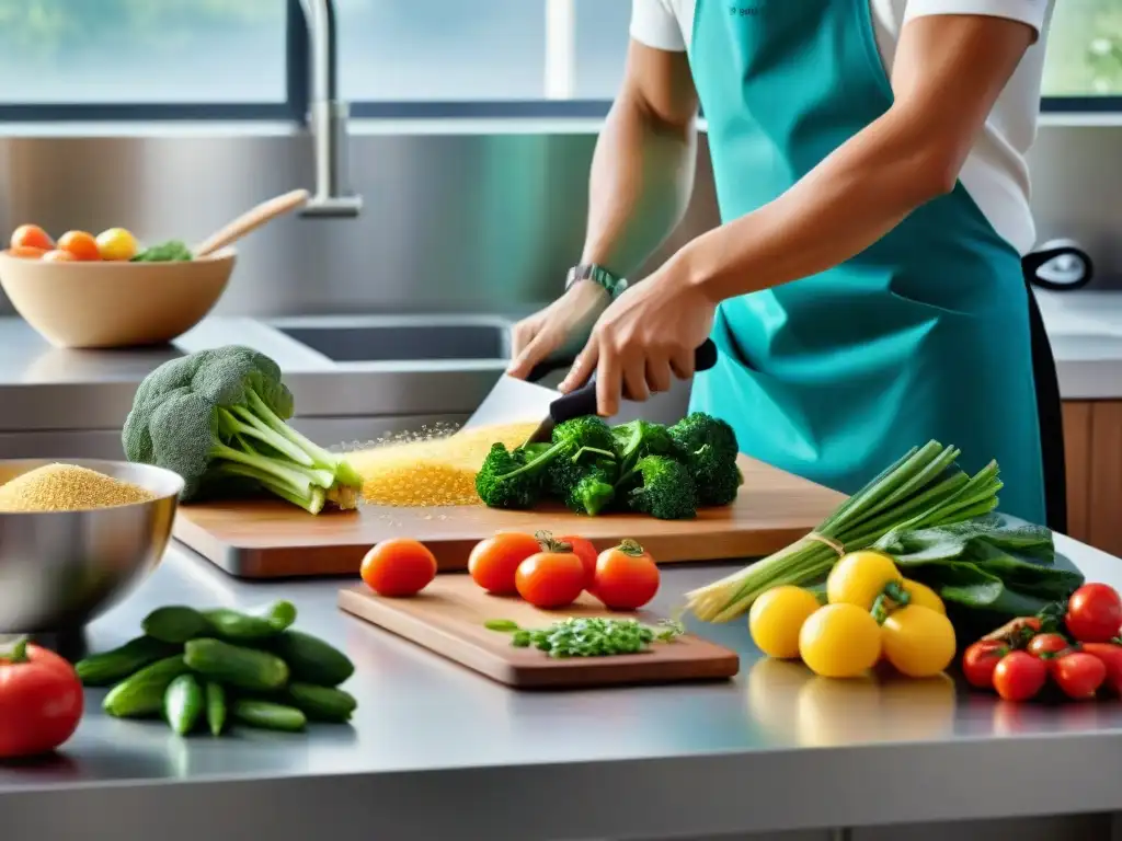 Un ambiente luminoso en una cocina moderna donde un grupo diverso de personas prepara alimentos sin gluten con alegría y trabajo en equipo