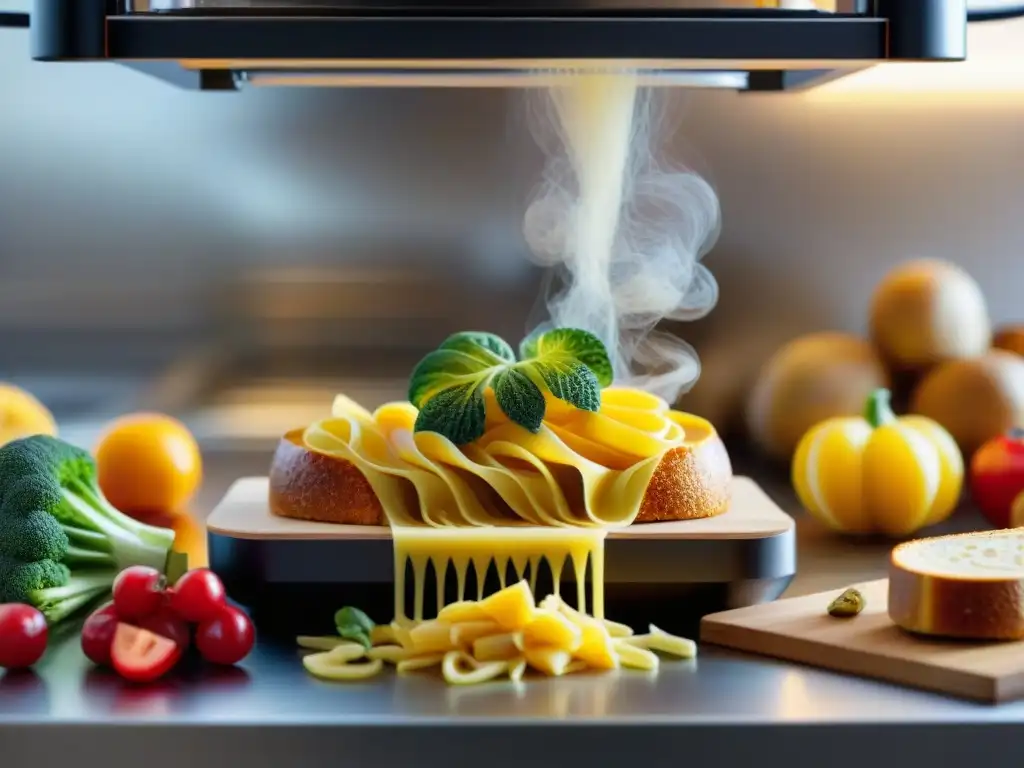 Un ambiente moderno de cocina con alimentos sin gluten 3D siendo preparados con precisión y arte