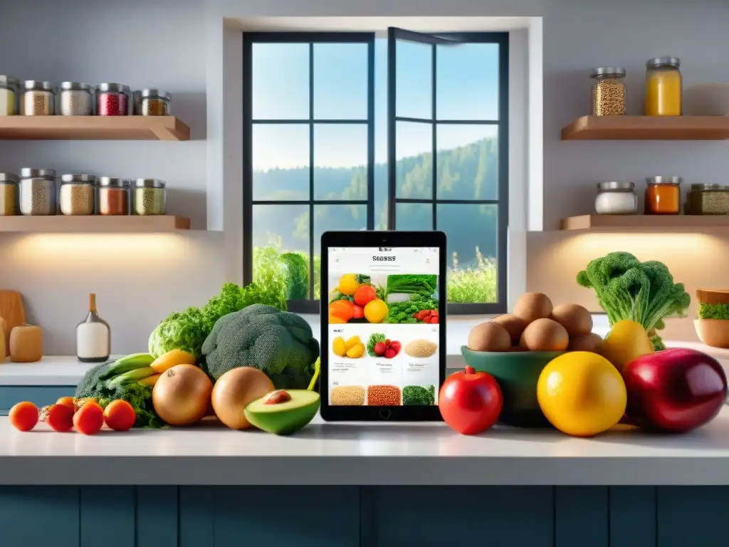 Un ambiente moderno y organizado de cocina sin gluten, con software de planificación de comidas