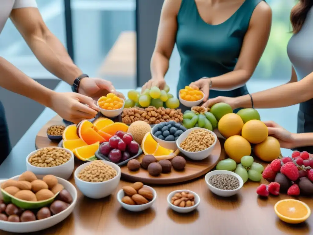 Un ambiente de oficina moderno y acogedor donde empleados disfrutan de snacks sin gluten energéticos en una mesa colorida