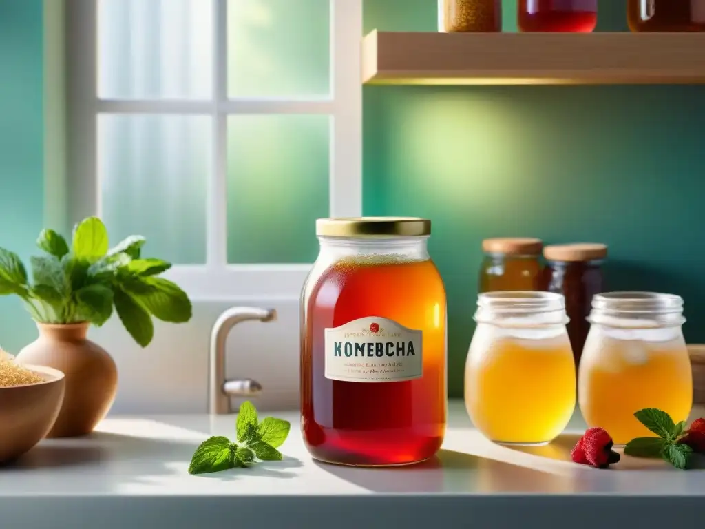 Un ambiente saludable y natural con almacenamiento adecuado Kombucha sin gluten y frescos ingredientes