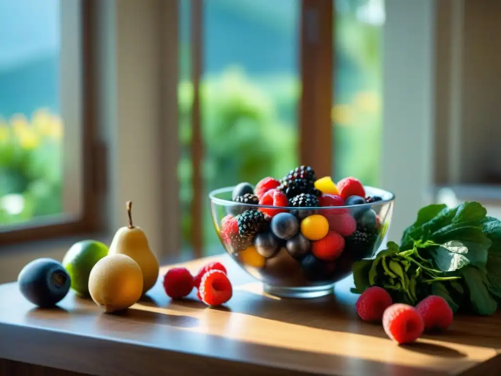 Un ambiente sereno y acogedor en una cocina con frutas y verduras coloridas, una fuente de bayas vibrantes y luz natural