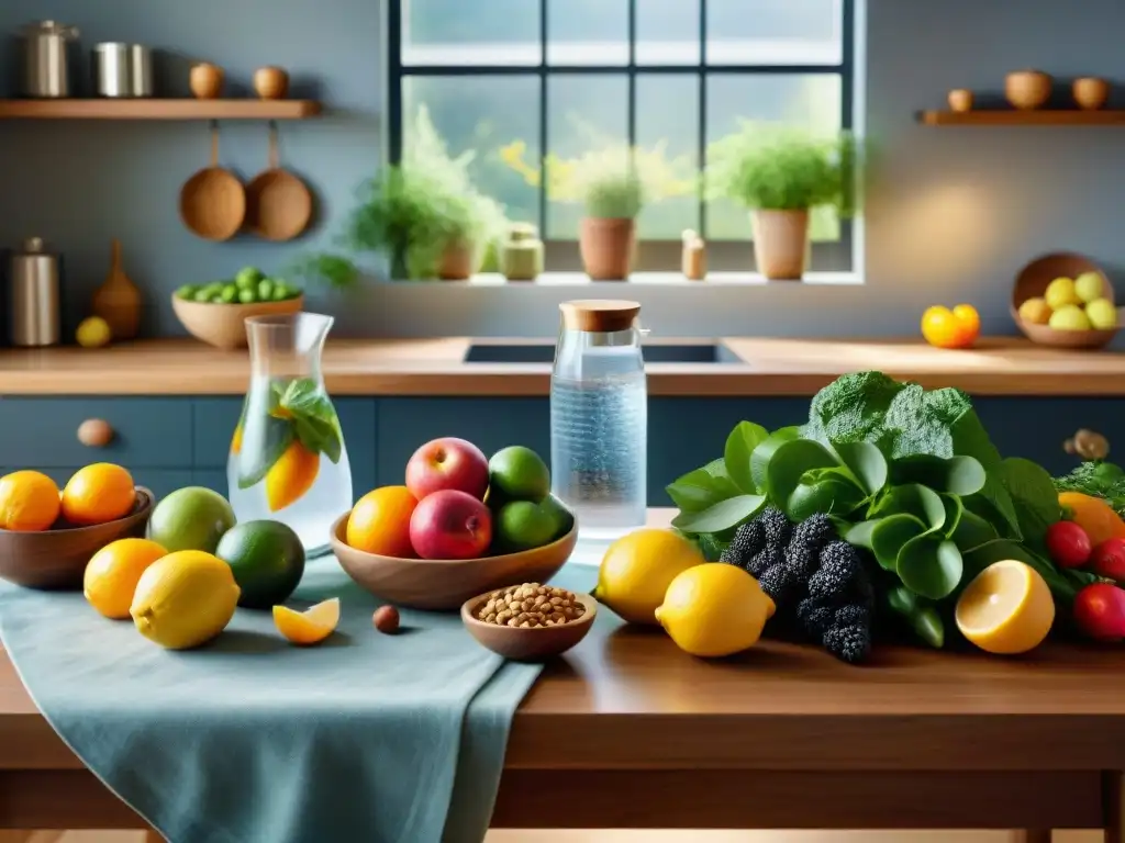 Un ambiente sereno y acogedor de cocina con mesa de madera y alimentos variados