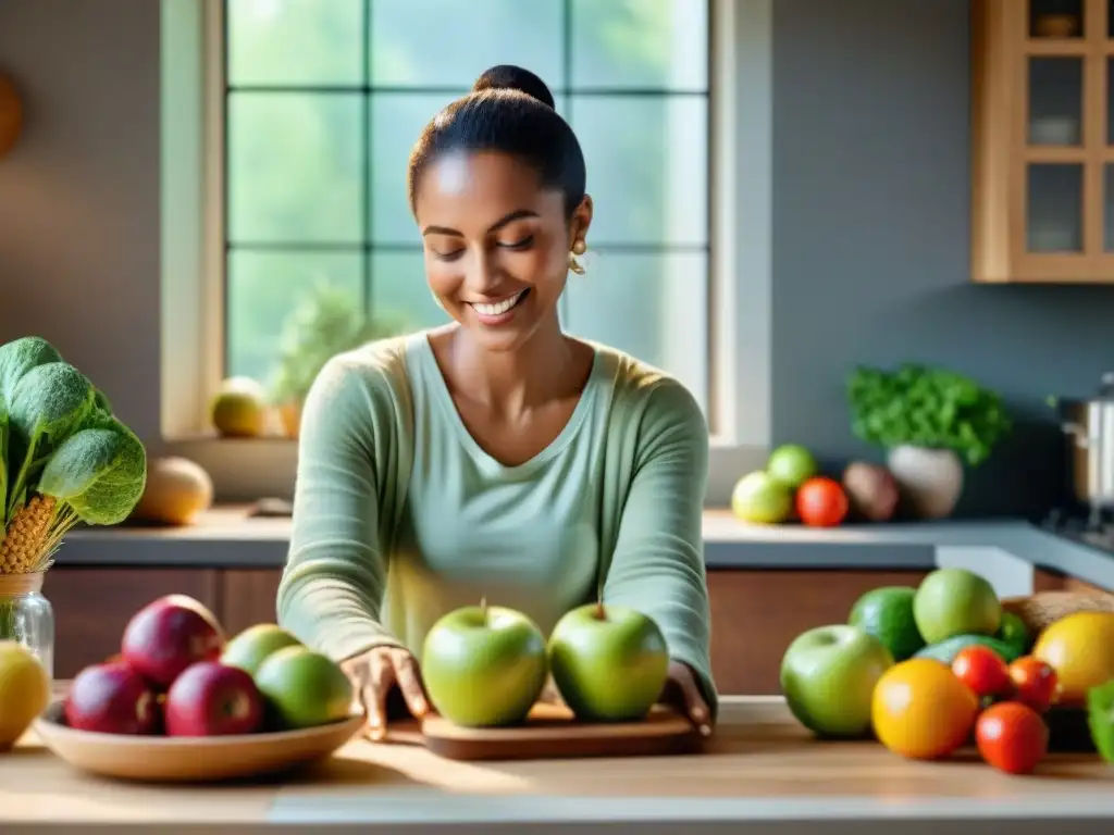 Un ambiente sereno y acogedor en una cocina, con una mesa de madera bellamente decorada con frutas, verduras y granos sin gluten