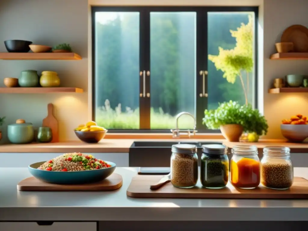 Un ambiente sereno en una cocina con mesa de madera llena de platillos sin gluten, bañados por la luz del sol