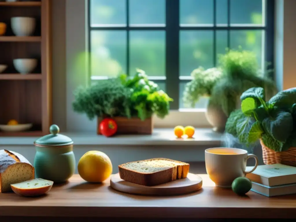 Un ambiente sereno con una mesa de madera llena de frutas y verduras coloridas, pan sin gluten, té y libros de mindfulness