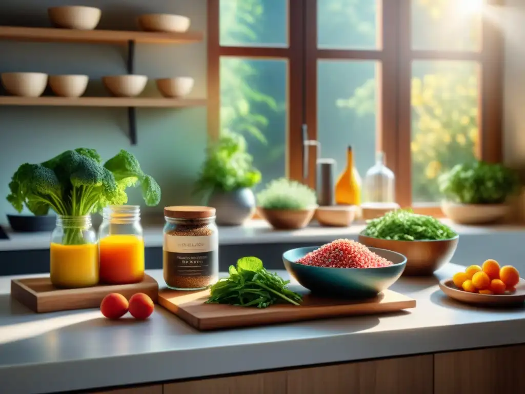 Un ambiente tranquilo y saludable en una cocina sin gluten, con platos coloridos y frescos bajo la luz del sol