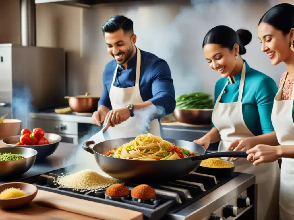 Un ambiente vibrante en una cocina internacional, donde personas cocinan con pasión recetas sin gluten