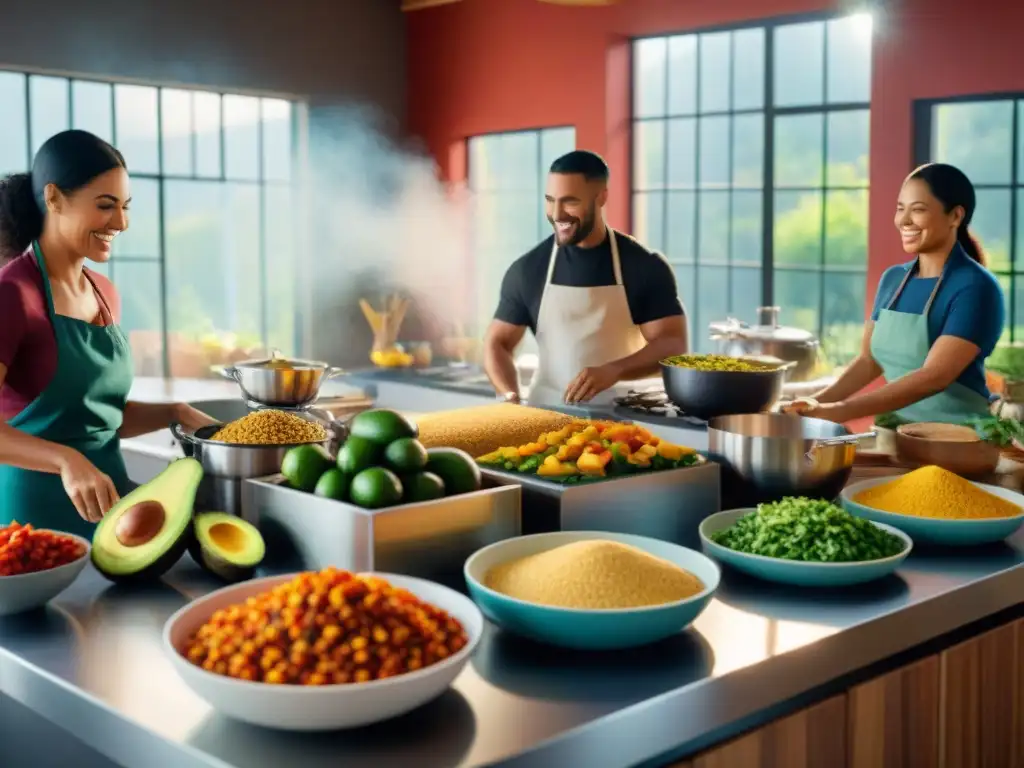 Un ambiente vibrante de cocina latina fusionada, con personas sonrientes preparando recetas sin gluten