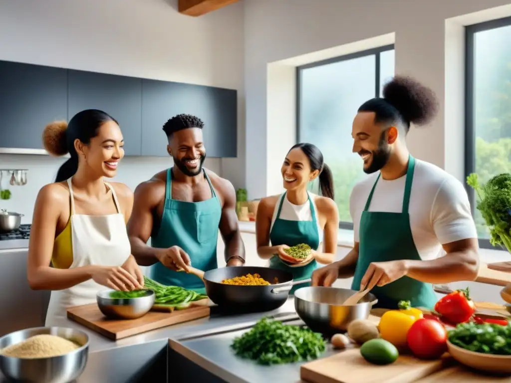 Un ambiente vibrante de cocina vegana sin gluten influencia, donde personas de distintas culturas cocinan juntas con alegría