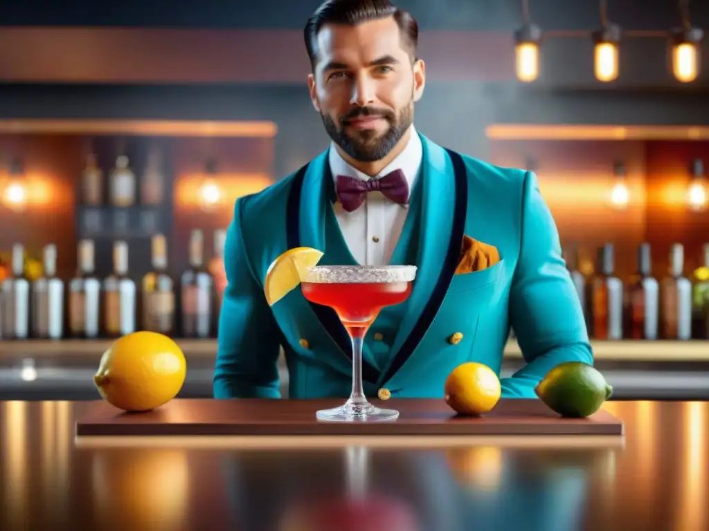 Bar de cócteles vibrante: Creaciones sin gluten cautivadoras Un ambiente vibrante con cócteles sin gluten innovadores siendo preparados en un elegante bar