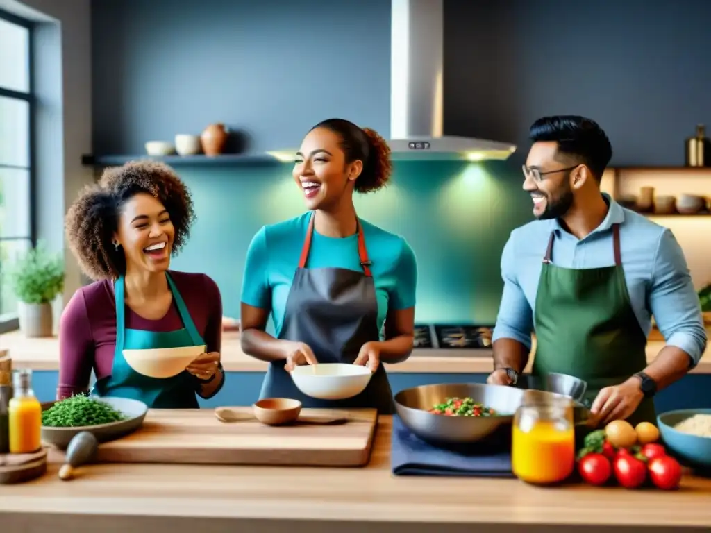 Un ambiente vibrante y colorido de un grupo disfrutando de una clase de cocina sin gluten