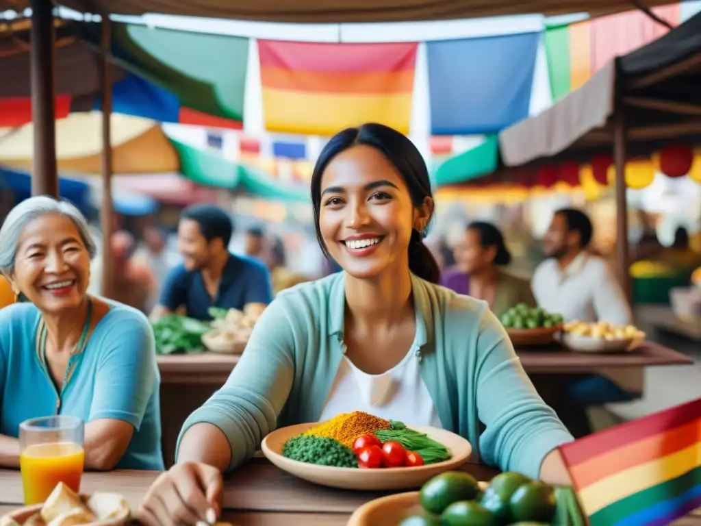 Un ambiente vibrante con viajeros disfrutando comidas de diferentes culturas, destacando una mujer pidiendo comida sin gluten en distintos idiomas