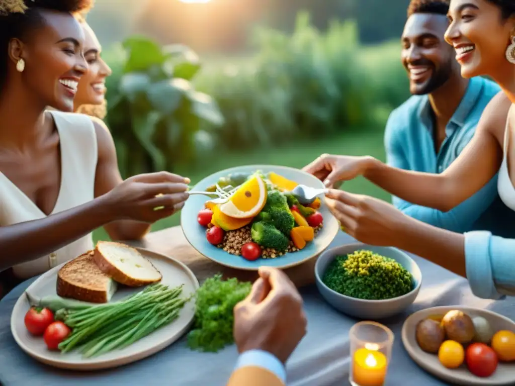 Amigos disfrutan cena al aire libre, compartiendo alimentos sin gluten