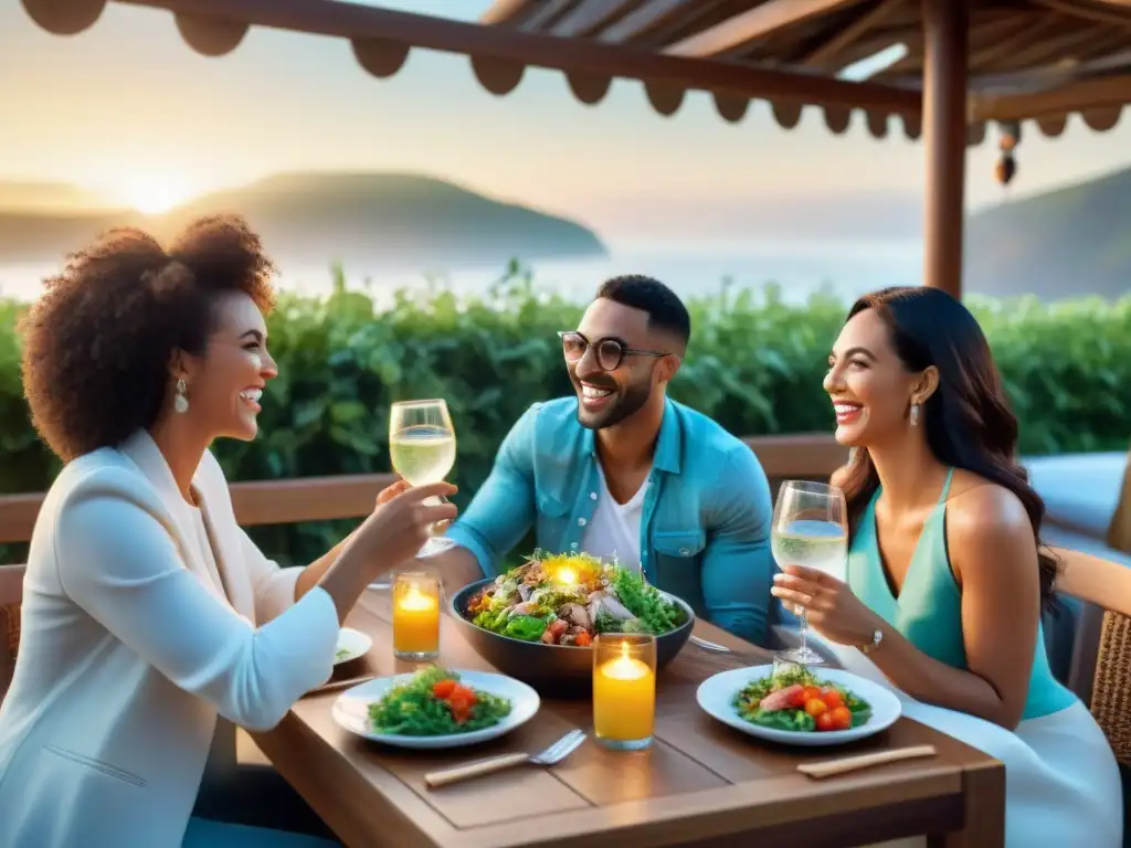 Amigos disfrutando de una cena sin gluten en un restaurante al aire libre al atardecer