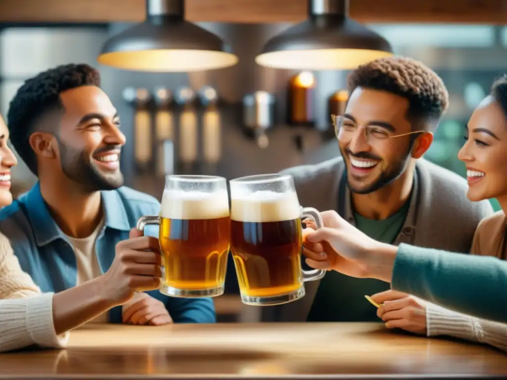 Amigos brindando con cerveza sin gluten casera en cocina cálida y acogedora