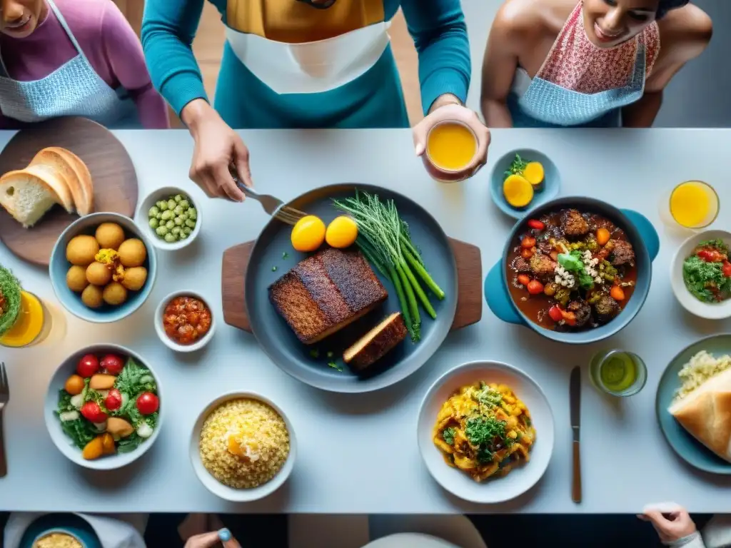 Amigos disfrutando de una comida sin gluten en mesa decorada con platos coloridos