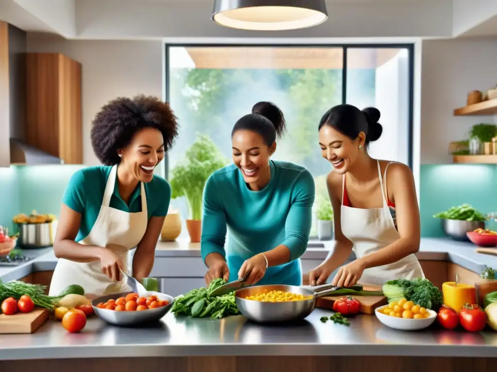 Amigos felices preparando comida sin gluten juntos en una cocina moderna y espaciosa llena de ingredientes frescos y coloridos