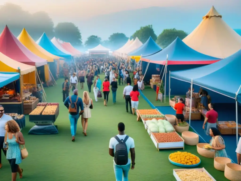 Amigos felices disfrutan snacks sin gluten en festival vibrante Amigos felices disfrutando de festivales sin gluten sin preocupaciones entre puestos coloridos y música en vivo, bajo un cielo azul