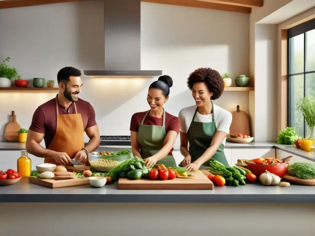 Amigos felices cocinando juntos en una cocina moderna llena de ingredientes sin gluten y utensilios