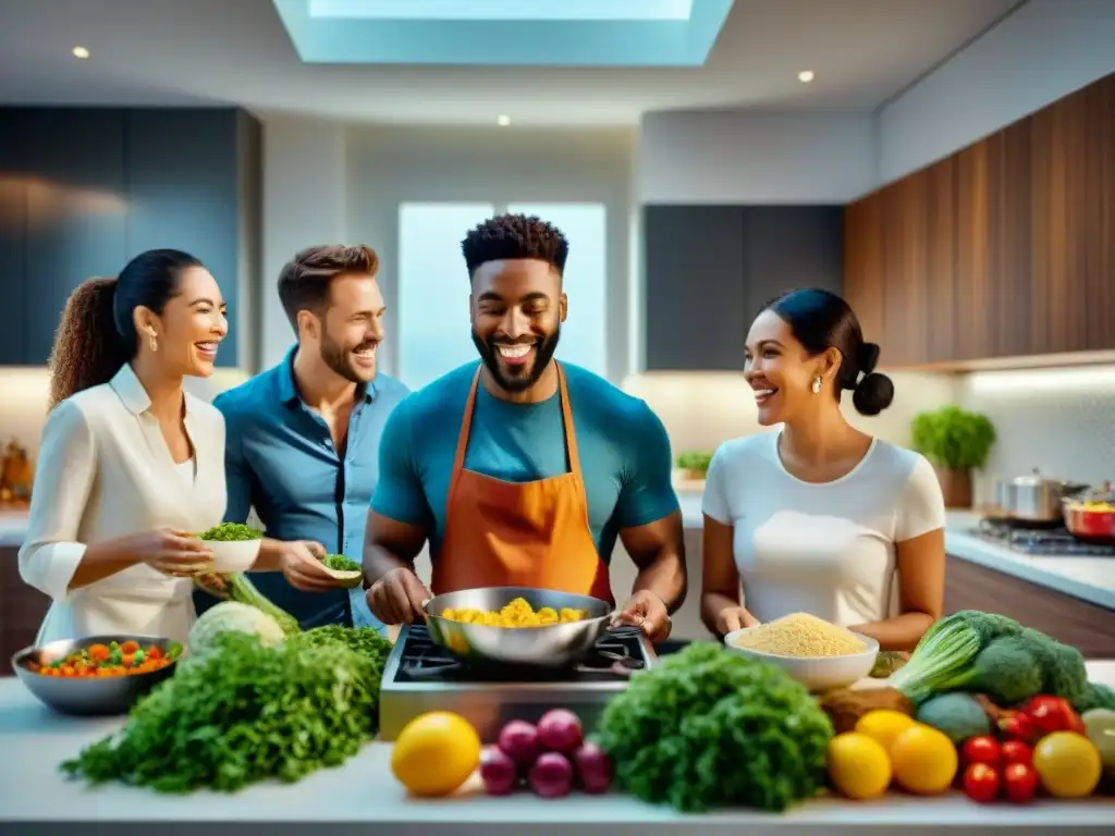 Amigos disfrutan cocinar juntos en una cocina moderna, preparando recetas innovadoras sin gluten