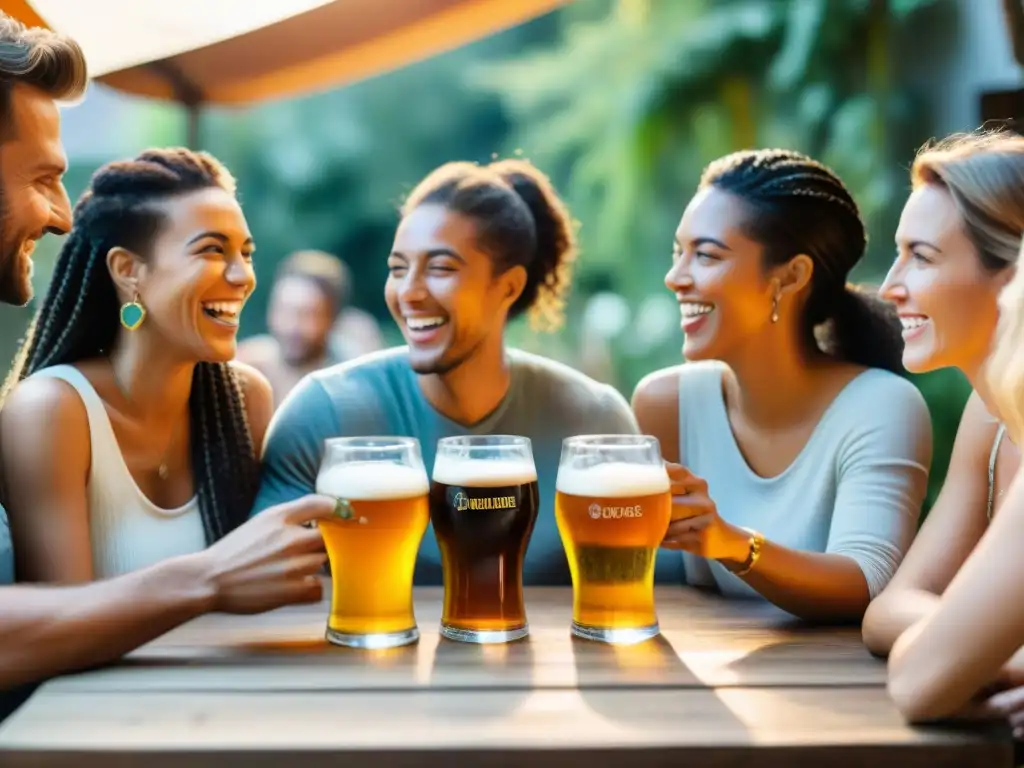 Amigos disfrutan de una sesión de cata de cerveza sin gluten casera en un patio rústico, bajo el cálido sol de la tarde