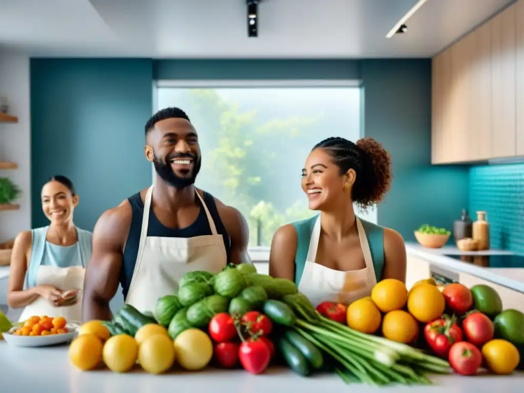 Amigos sonrientes cocinando juntos en una cocina moderna y luminosa con ingredientes sin gluten