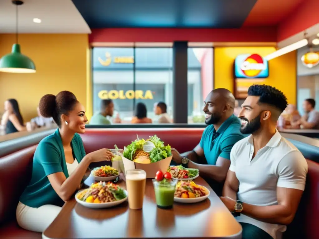 Amplia variedad de opciones sin gluten en cadena de comida, grupo diverso disfrutando una comida feliz en restaurante concurrido