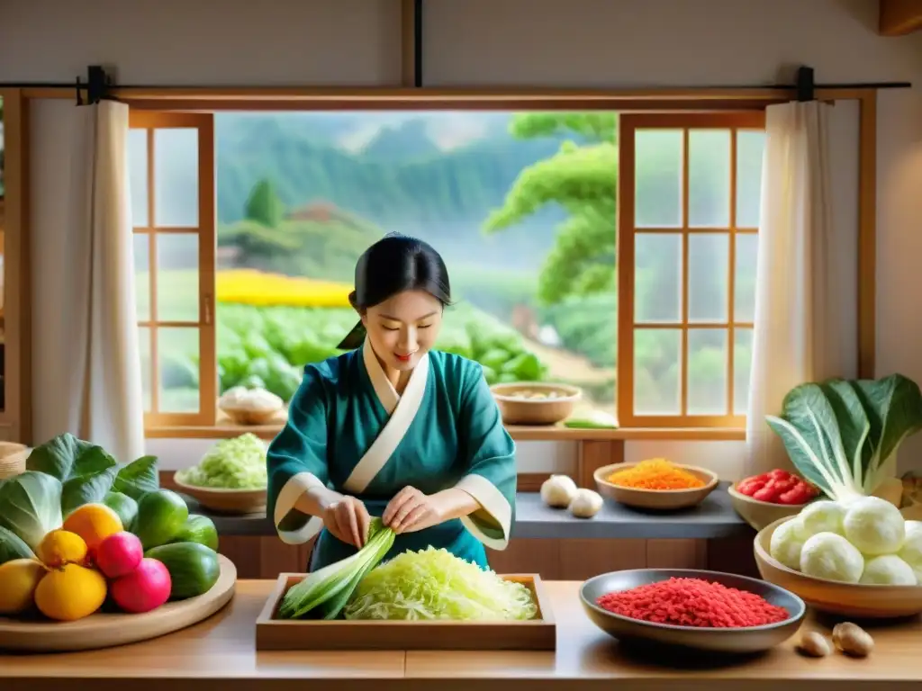 Una anciana coreana experta preparando kimchi sin gluten con ingredientes frescos en una cocina tradicional