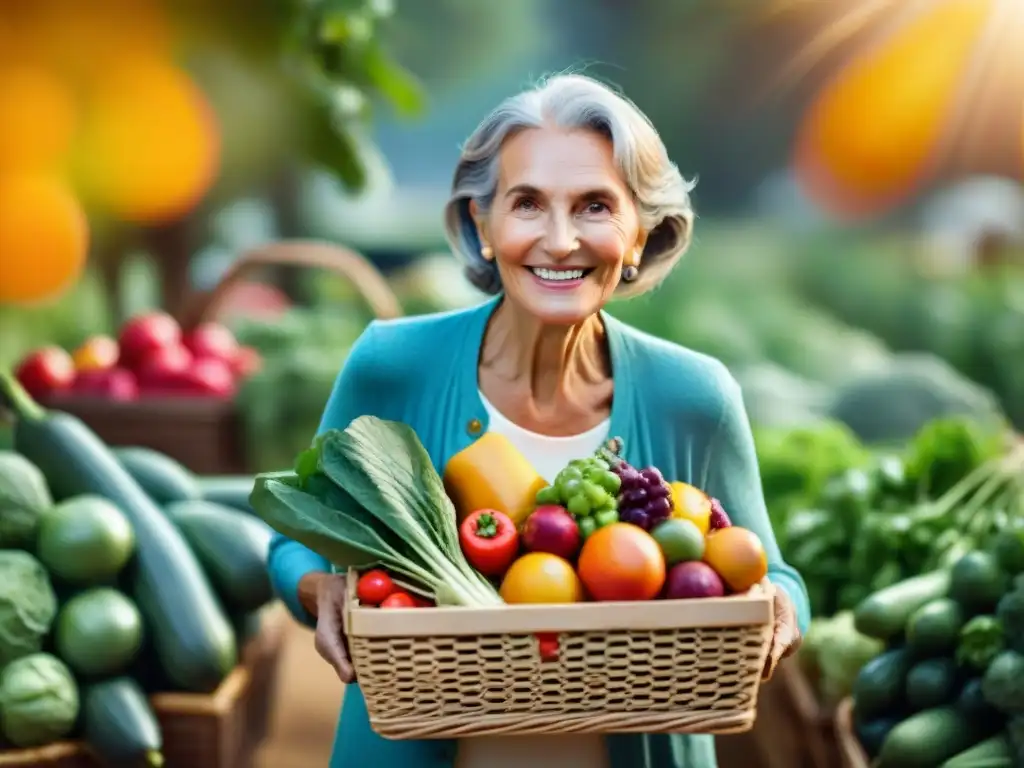 Una anciana radiante rodeada de frutas y verduras orgánicas, transmitiendo vitalidad y bienestar con productos orgánicos sin gluten beneficios