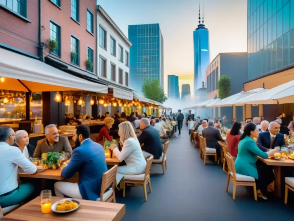 Una animada calle urbana llena de restaurantes y cafés diversos con áreas al aire libre coloridas