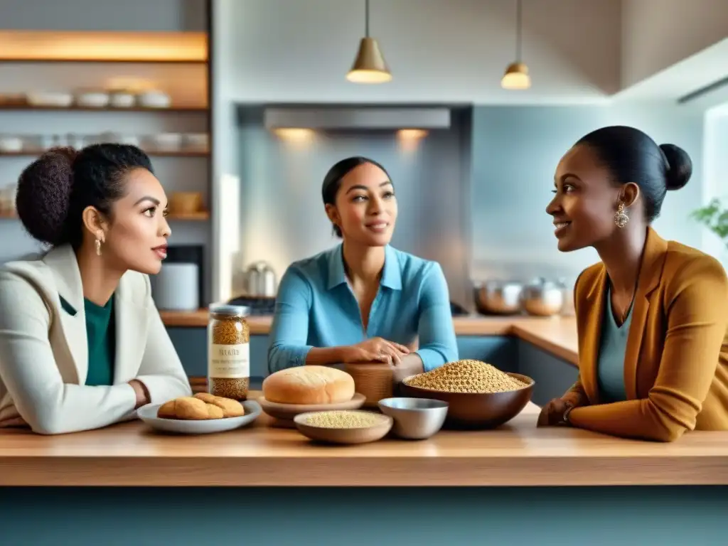 Animada charla sobre gluten y salud: mitos desvelados en una cocina moderna y vibrante, con personas de diversas edades y etnias