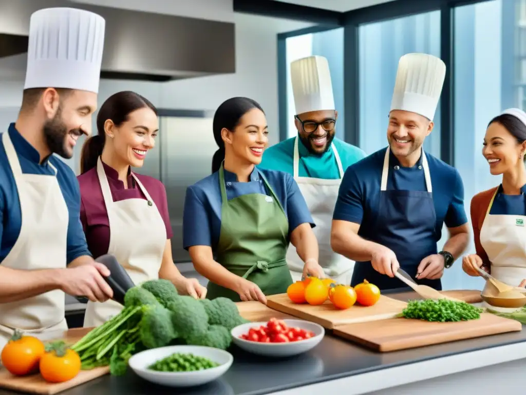 'Animada maratón de cocina sin gluten: chefs aficionados en competencia amistosa en cocina moderna y equipada, mostrando habilidades culinarias