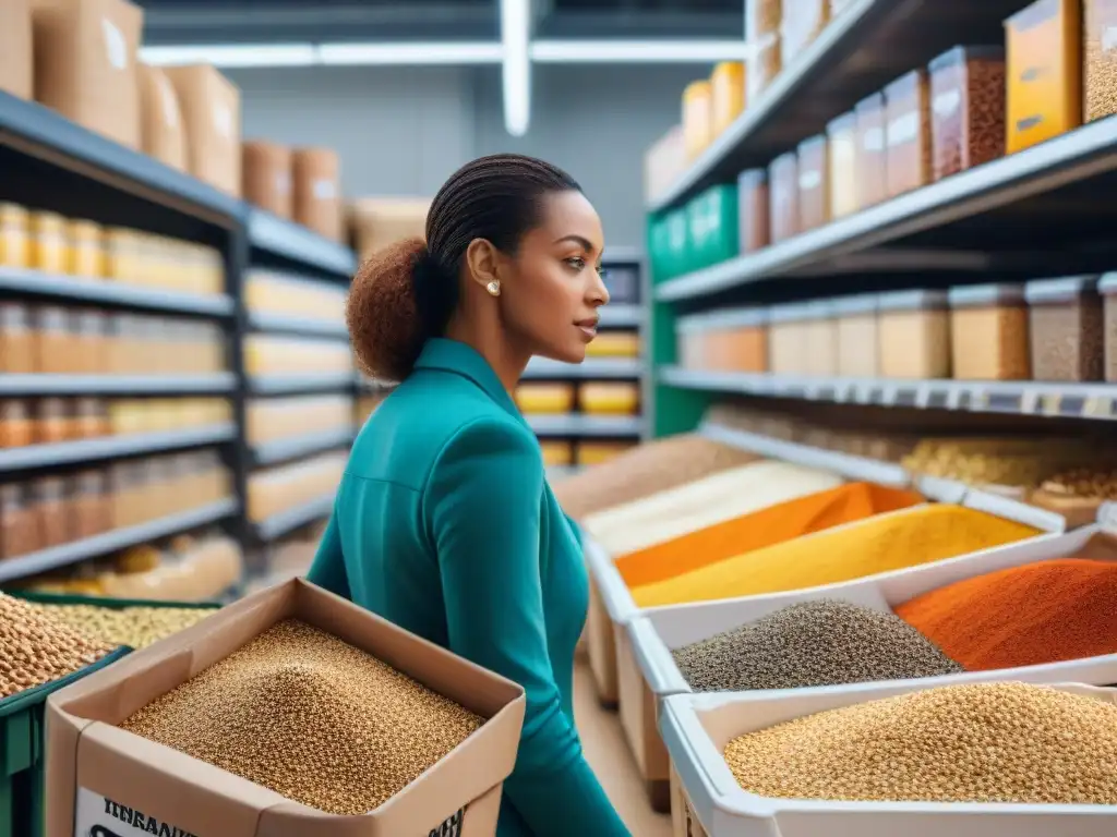 Una animada escena de compras a granel en una tienda llena de ingredientes sin gluten, donde la comunidad elige productos con envases reutilizables