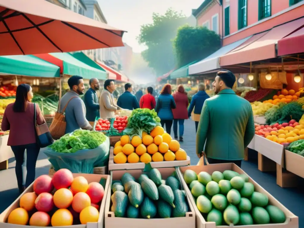 Mercado de frutas y verduras: diversidad y alegría Una animada escena en un mercado al aire libre, donde personas de todas las edades compran frutas y verduras frescas