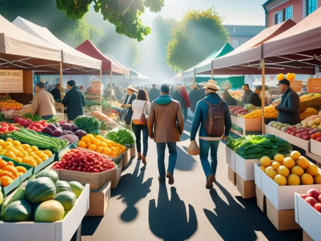 Una animada escena de mercado agrícola con puestos coloridos vendiendo productos orgánicos y sin gluten