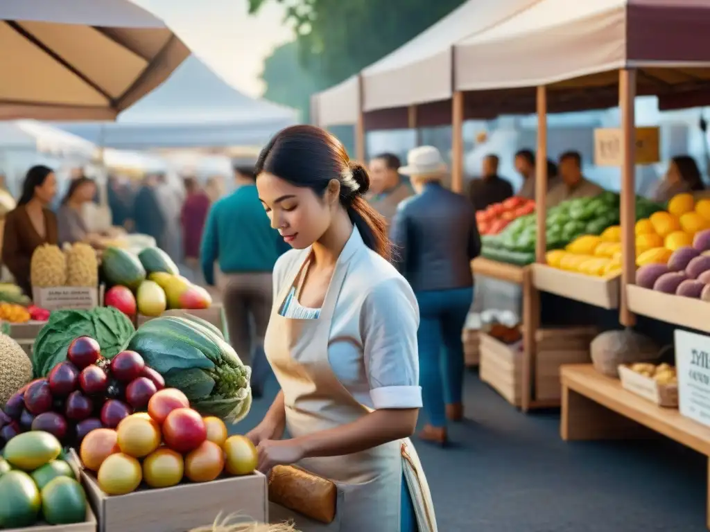 Una animada feria de agricultores con opciones saludables para celíacos