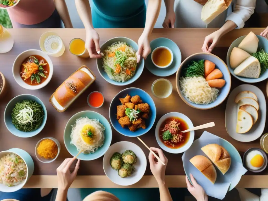 Una animada reunión alrededor de una mesa con alimentos fermentados sin gluten