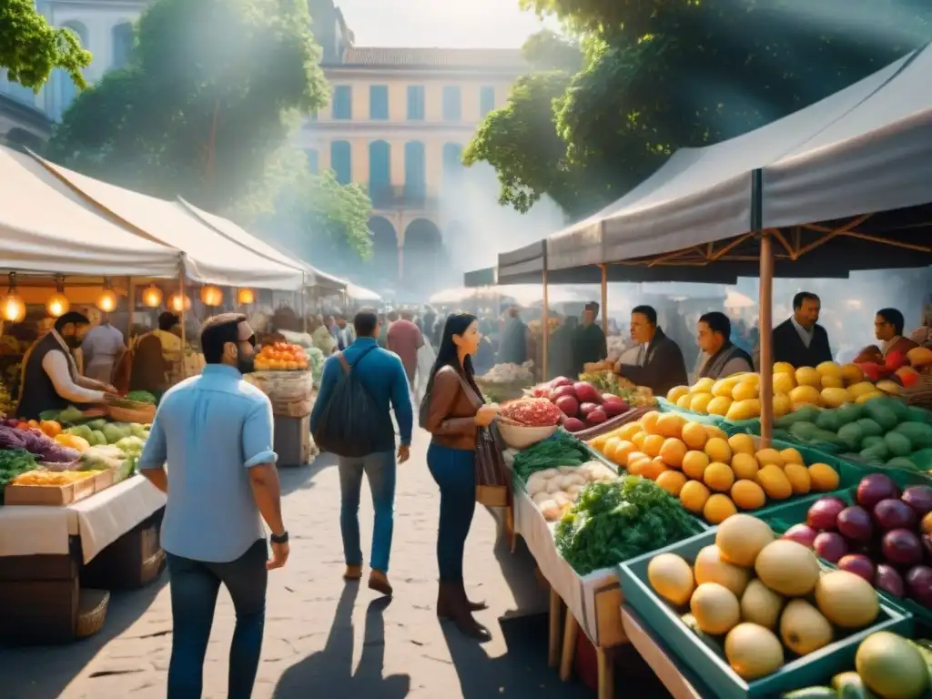 Descubre la animada vida de un mercado callejero en una ciudad extranjera, ideal para 'Viajar sin gluten: Guía aventureros'