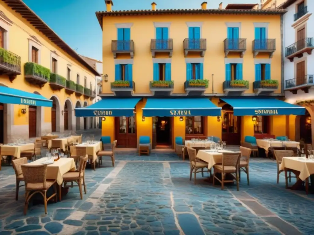 Un animado y colorido plaza español con restaurantes sin gluten y comensales felices disfrutando al aire libre