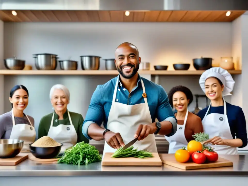 Un animado curso online de recetas sin gluten con gente diversa sonriendo en una moderna cocina luminosa