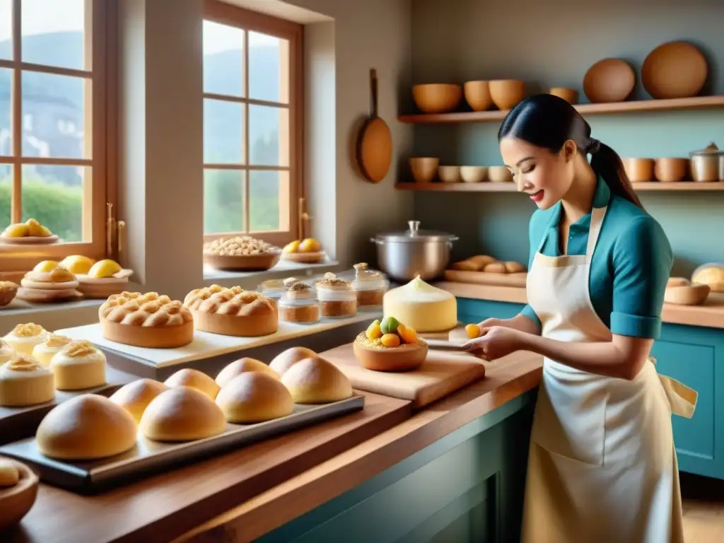 Un animado escenario de panadería con artesanos preparando dulces tradicionales sin gluten en una cocina vintage