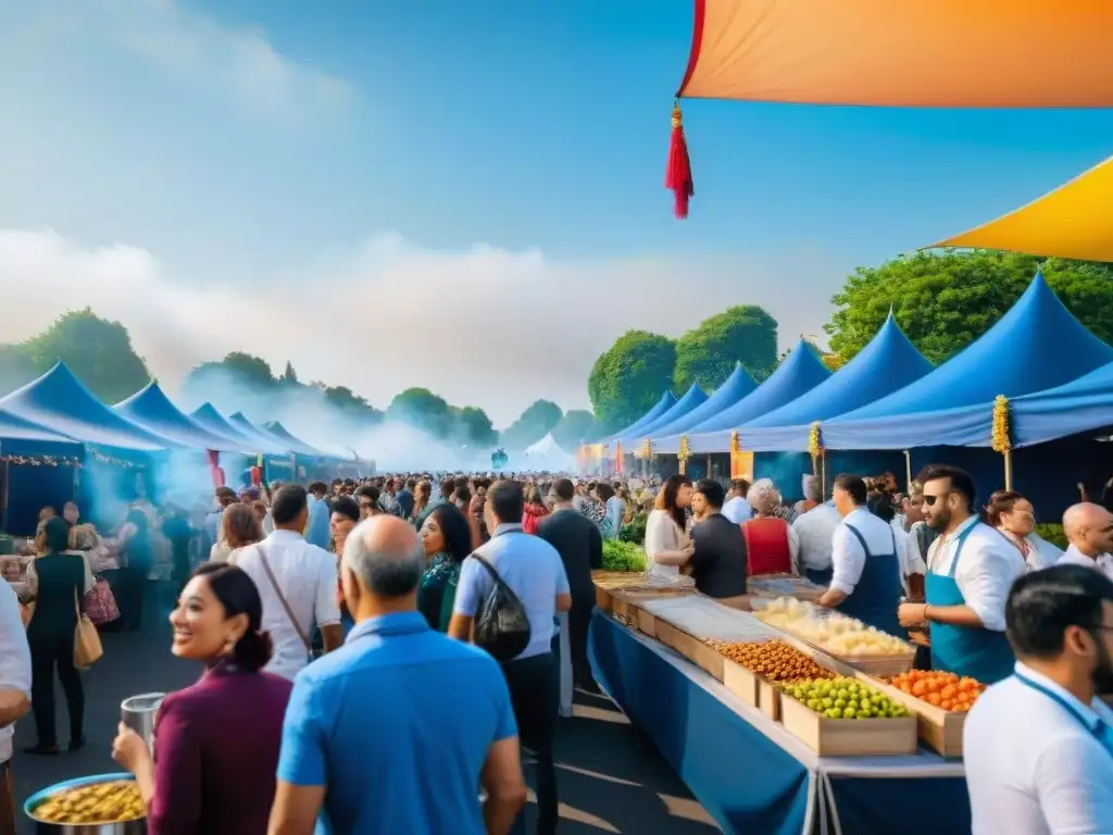 Animado festival de comida sin gluten: puestos coloridos, chefs sonrientes, multitud diversa y ambiente festivo bajo el cielo azul