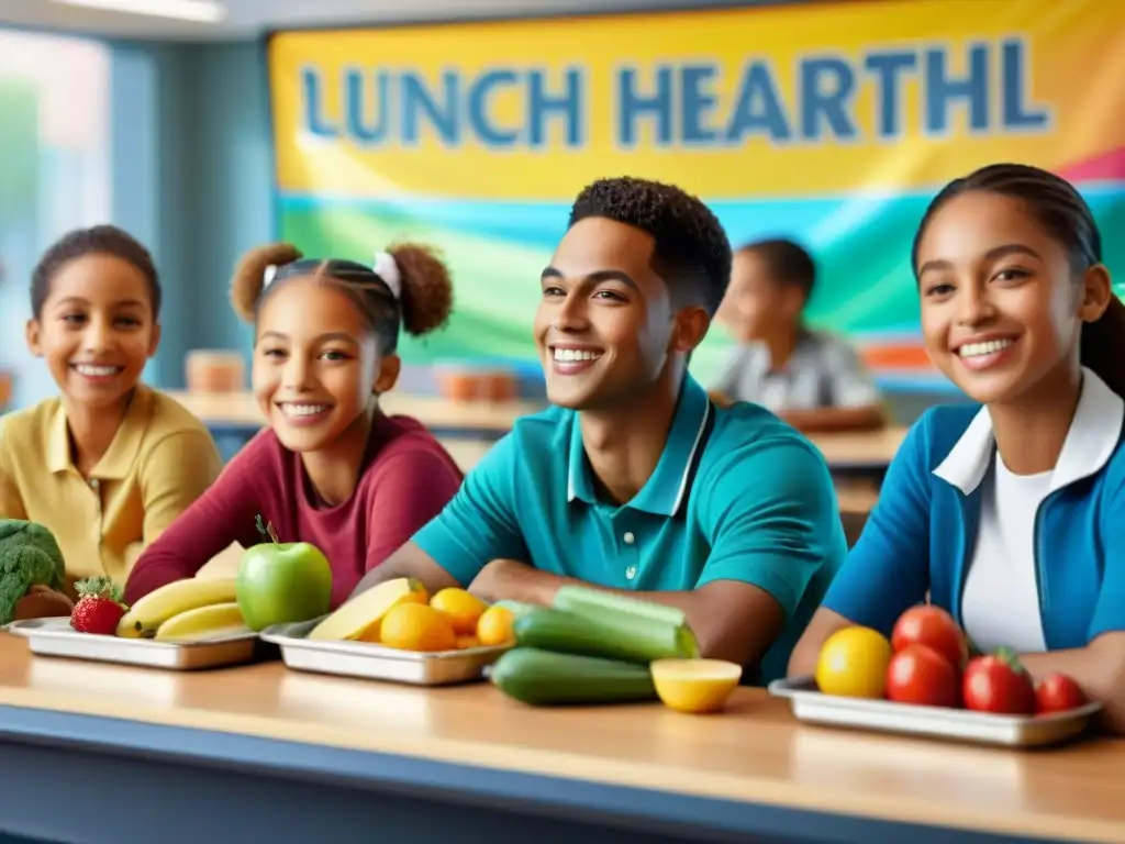 Un animado grupo de niños escolares disfruta loncheras saludables sin gluten en la colorida cafetería escolar