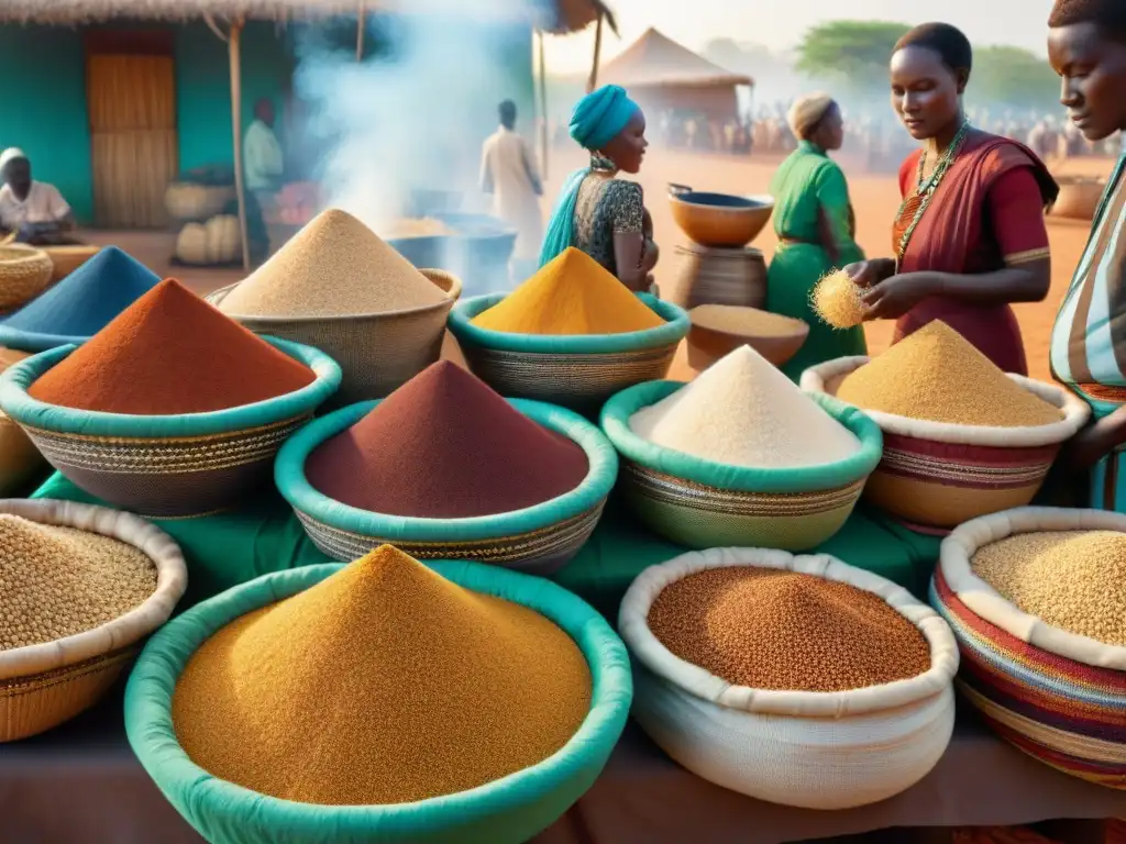 Un animado mercado africano con granos libres de gluten en cestas de mimbre