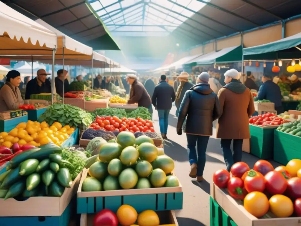 Un animado mercado de agricultores con frutas y verduras coloridas