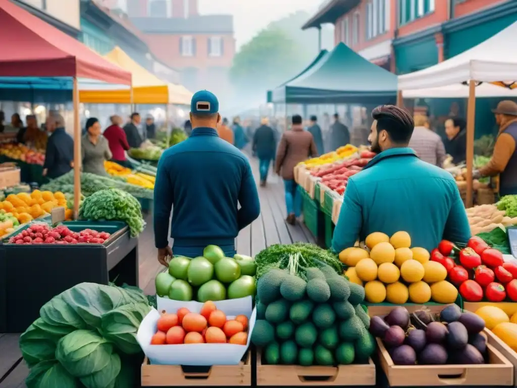 Un animado mercado de agricultores con frutas, verduras y granos coloridos en puestos de madera