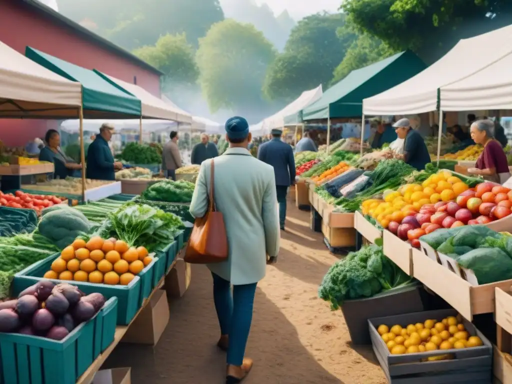 Un animado mercado de agricultores con frutas y verduras frescas, reflejando una comunidad saludable y sostenible